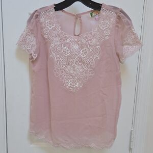 EUC Flying Tomato Pink Embellished Blouse with Lace Details